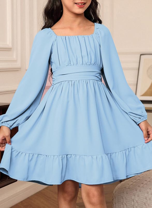 DOKOTOO KIDS Girls Tie Back Off Shoulder Dress Ruffle Long Sleeve Fall Spring Dresses 4-15 Years