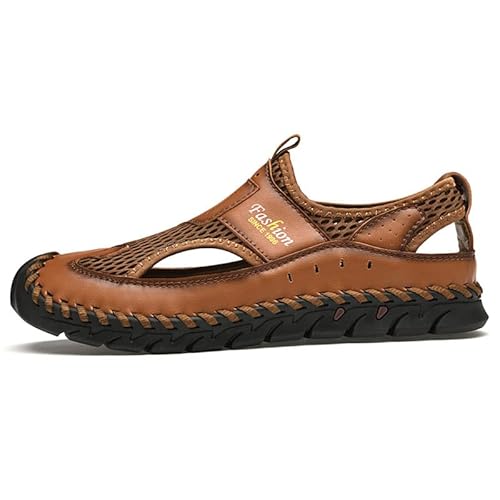 Lltmall Men's Closed Toe Sandals Summer Breathable Comfortable Leather Mesh Sandals Casual Outdoor Walking Loafers Brown 13.5 #TOP1