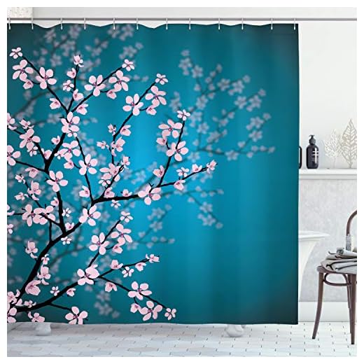 ABAKUHAUS Japonés Cortina de Baño, Primavera Flor de Sakura Diseño con Fondo Degradé en Tonos Azules, Material Resistente al Agua Durable Estampa Digital, 175 x 200 cm, Azul Petróleo