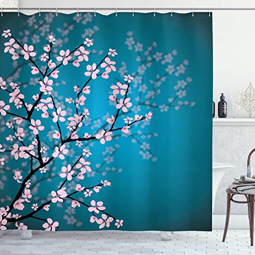 ABAKUHAUS Japonais Rideau de Douche, Motif Sakura Bloom, Tissu Ensemble de Décor de Salle de Bain avec Crochets, 175 cm x 200 cm, Essence Bleu pâle Rose