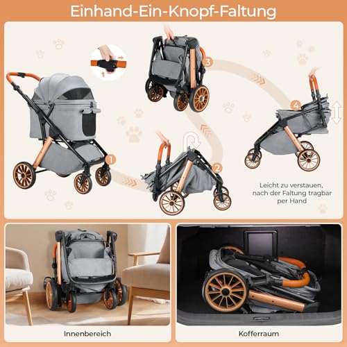 MAMIZO Faltbarer Hundebuggy One-Touch, Faltbar Katzenwagen, Bis 25 kg, Aluminium-Carbonstahl-Gestell, Höhenverstellbarer Griff, Getränkehalter, 4 PCS 360° Gummiräder, für kleine Hunde Katz, Dunkelgrau