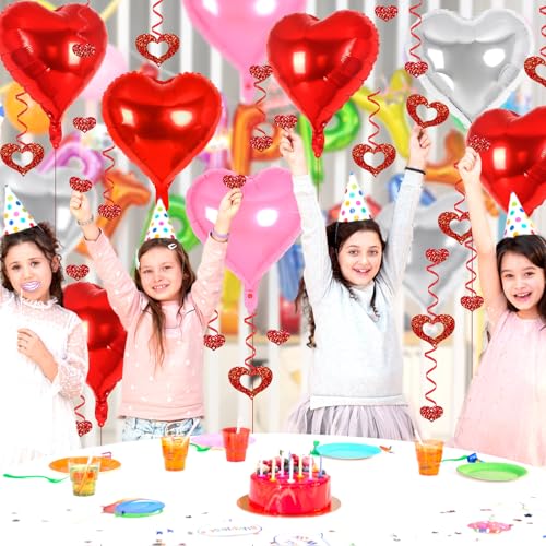 Image of 24 Pcs Red Pink Silver Heart Balloons, 100 Pcs Hearts Hanging Streamers, 18 Inch Heart Foil Balloons Valentine's Day Balloon Love Balloon for Valentines Day Proposal Wedding Party Decorations