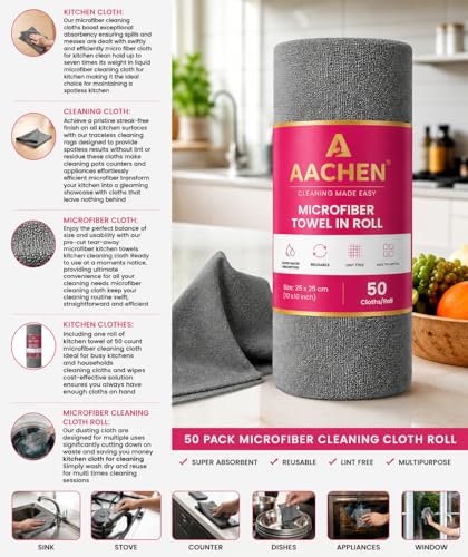 Image of AACHEN Microfiber Cleaning Cloth Roll 25x25 CM (50 Pack) | Washable Reusable Tear Away Towels | Super Absorbent Lint Free Cleaning Cloth for Kitchen, Car, Bike & Home