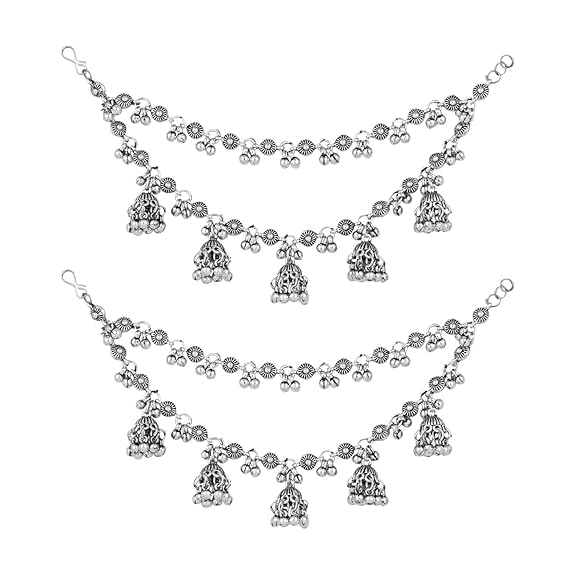 I Jewels Silver Oxidized Indian Wedding Bollywood Ghungroo Jhumka Hair Chain/Earchain Accessories For Women (E3245OX)