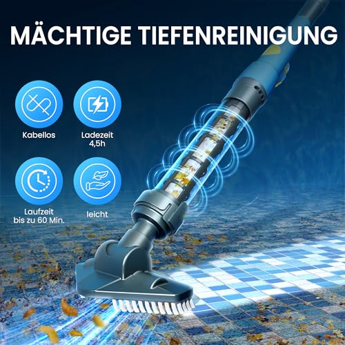 Poolsauger Akku Handgerät, Kabelloser Poolreiniger mit 60 Min Laufzeit & 32 L/min Starker Saugkraft, Leicht & Effizient Wiederaufladbarer Pool Bodensauger für Aufstellpool, Einbaupool, Whirlpool & Spa
