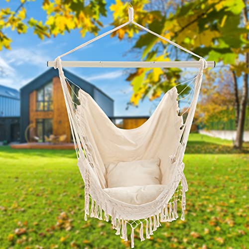 Yaersi Hammock Chair, Hanging Rope Swing Seat With 2 Cushions,Macrame Hanging Chair Side Pocket With High Load-Bearing Metal Rod,For Indoor thumb #8