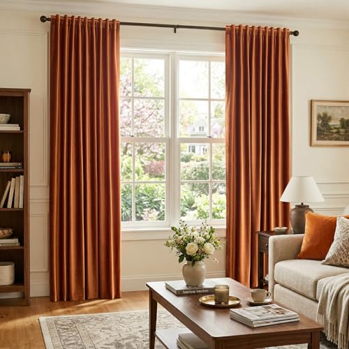 Image of Luxury Orange Velvet Curtains 96 inch Length for Living Room,Elegant 2 Panels Room Darkening Rod Pocket Back Tab Curtain Thermal Insulated Heavy Soundproof Noice Reducing Window Drapes for Bedroom
