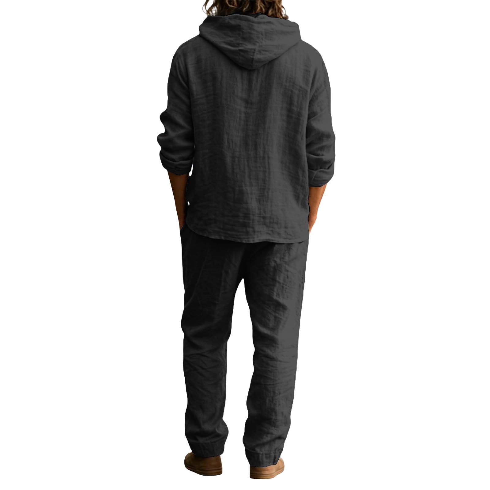 Completo Estivo da Uomo 2 Pezzi Lino Cotone - Camicia Button Manica Lunga + Pantaloni Tinta Unita Traspirante Comodi - Set Casual Sportivo Spiaggia Vacanza Yoga Pigiama Palestra Fitness Tuta Completa