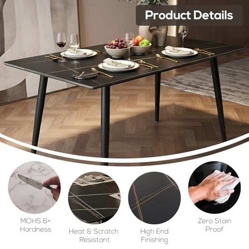 Image of Italiana 15mm Ultra-Slim Sintered Stone Dining Table - 140cm x 80cm Black Faux Marble Executive Table | Mohs 6+ Hardness Scratch-Resistant | Metal Frame | Suitable for 4-6 Seater