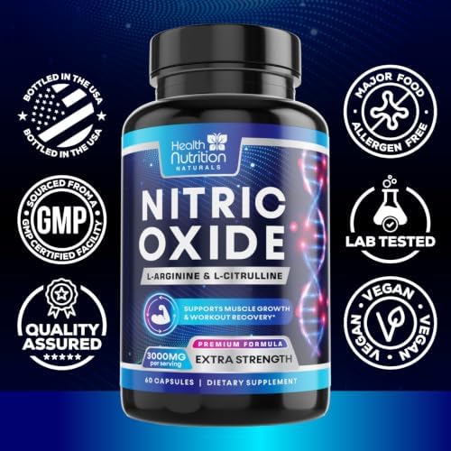 산화질소 보충제 3000mg 블렌드 - 3X 강도 L-아르기닌 및 L-시트룰린 - 완벽한 운동 전 질소 부스터 - 남성 및 여성용 천연 에너지 및 근육 지원 - 미국 병 - 60캡슐 — 사진 4