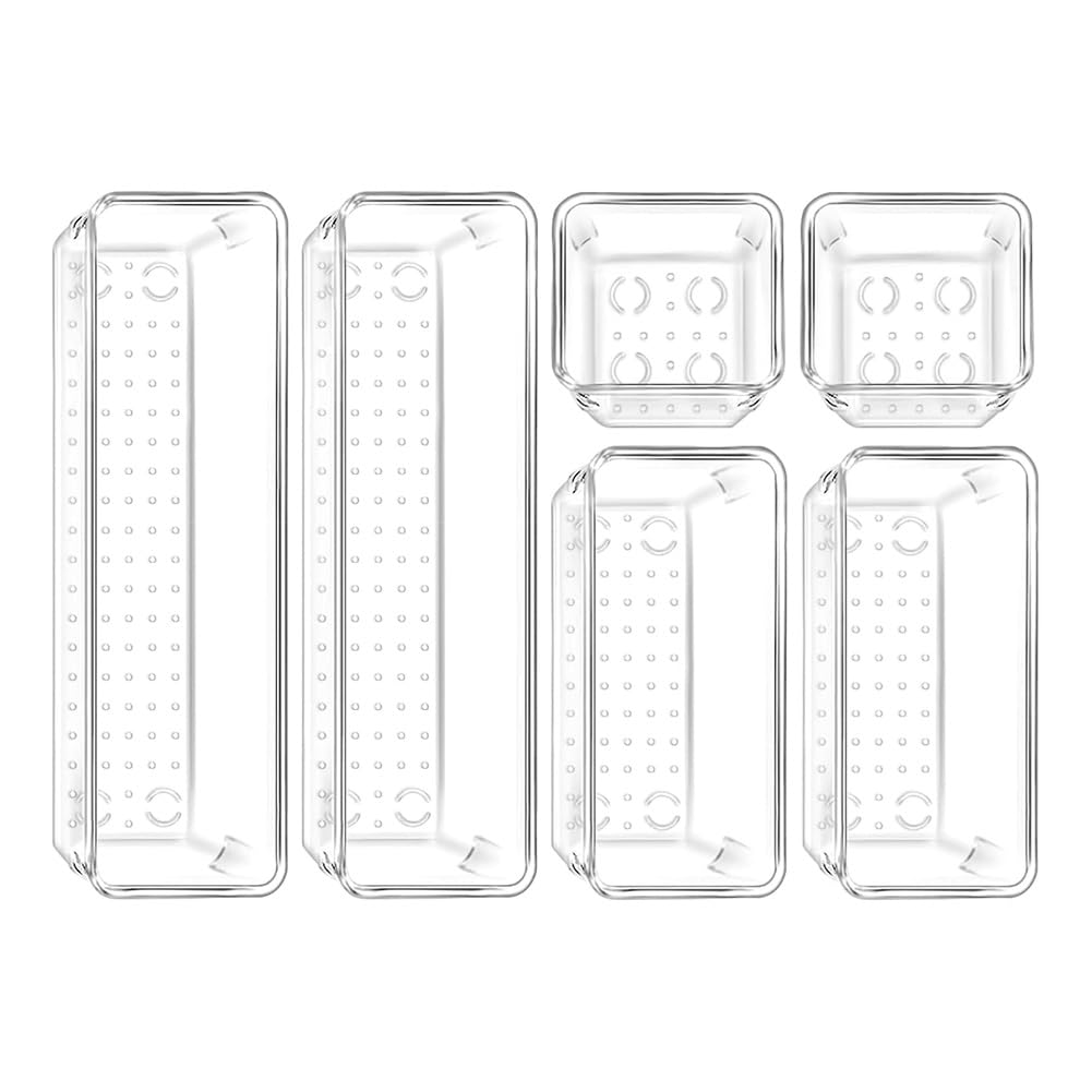 AWAOVV 6pcs Drawer Organiser Set, 3 Sizes Clear Drawer Dividers, Dressing Table Organiser, Makeup Storage Tray,Cupboard Organiser for Cosmetic,Stationery,Gadgets,Dressing Table,Bathroom,Bedroom