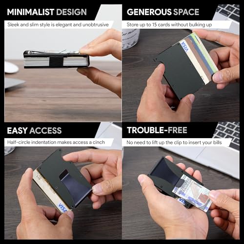Image of Minimalist Wallet for Men, Slim Metal RFID Blocking Wallet Credit Card Holder Money Clip & Cash Strap, Scratch-Resistant Holds 15 Cards,Ideal Gift for Men | Matt Green