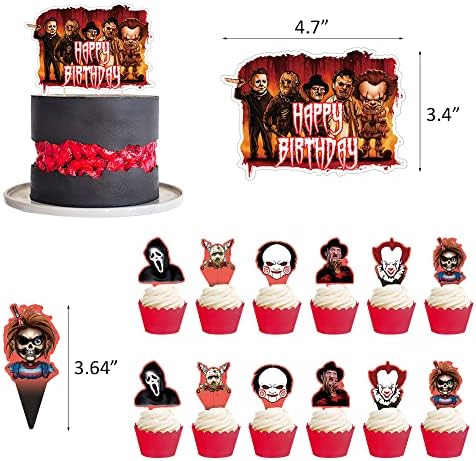 32 Pcs Horror Character Birthday Party Decoration, Horror Classic Movie Character Party Decorations Kit, Include Cake Toppers Happy Birthday Banner, Latex Balloons for Horror Lovers