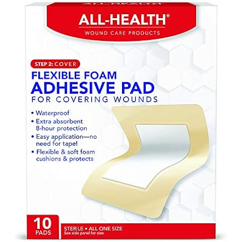 All Health Flexible Foam Adhesive Pad, 10 Pads, 3.5 in x 4.5 in, 8 Hour Protection | Waterproof Bandage for Covering Wounds Cover