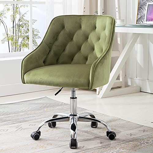 Home Office Desk Chair With Mid-Back Upholstered Modern Tufted Computer Task Chair Swivel Height Adjustable Velvet Accent Chair With Wheels For Living Room Bedroom Study Room Vanity Room (Green) #TOP7