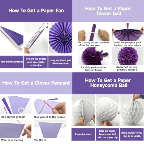Image of 24 Pcs Purple Birthday Decorations Kit, Paper Fans Pom Poms Banner 8-16 in
