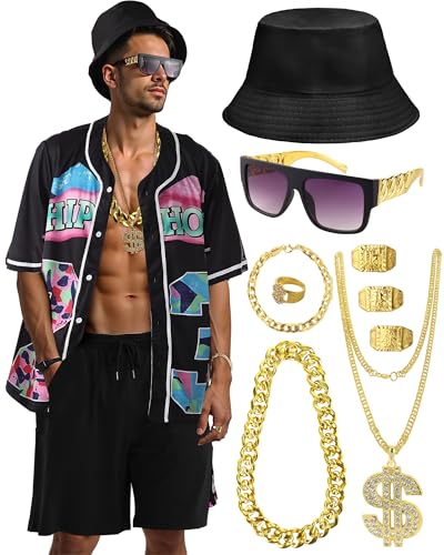 80s 90s Outfit for Men, Hip Hop Costume Baseball Jersey Shirt Shorts Bucket Hat Gold Chain Sunglasses Rapper Accessories 1990s Party Costume AllBlack-M