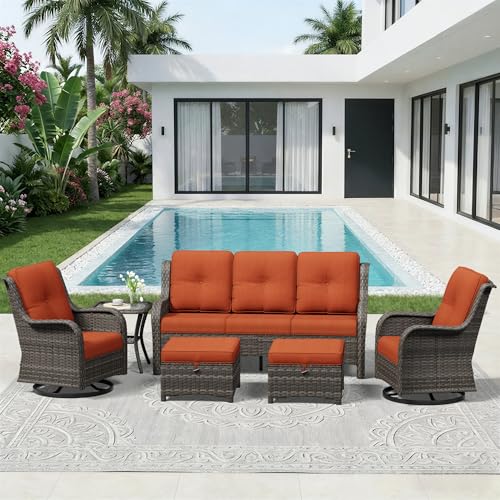 Image of 6 Piece Outdoor Wicker Patio Furniture Set, Outdoor Swivel Rocker Patio Chairs Set with Thickened Olefin Cushions, High Back and Deep Seating, Hand-Woven PE Rattan for Porch, Deck
