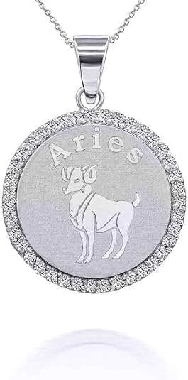 14K White Gold Diamond Accented Zodiac Astrological Sign Charm Personalized Pendant Necklace (G-H Color, SI1-SI2 Clarity) - Choice of Length and Zodiac Sign