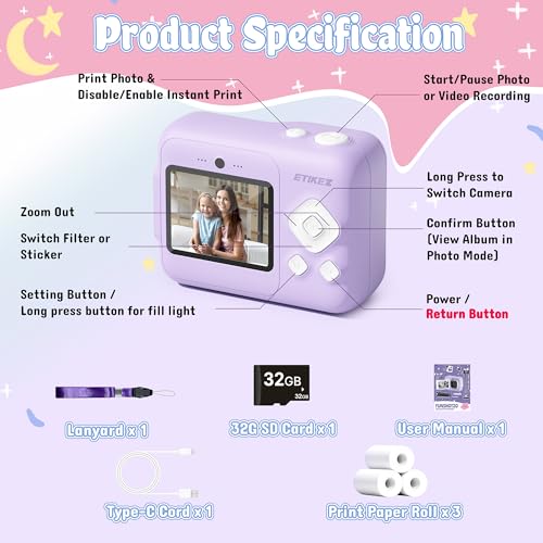 undefined ETIKEZ Kids Camera, 1080P Instant Digital Print Camera for Kids, Christmas Birthday Gifts for 4 5 6 7 8 9 10 Year Old Girls Boys, Portable Toy with 32GB SD Card & 3 Rolls Printing Paper, Purple の商品画像 4