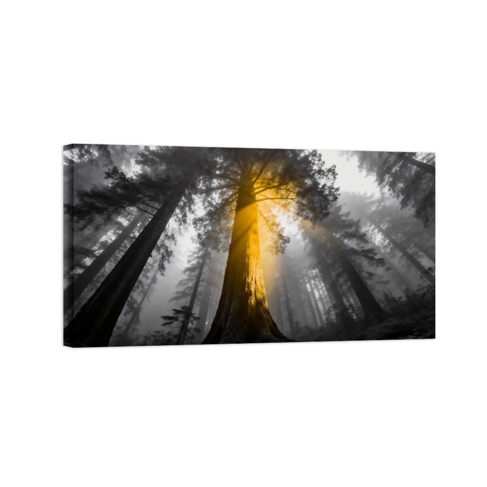 OZPWBVY Black and White Landscape Print Painting-Tree Yellow Sunshine-Minimalist Canvas Wall Art Picture for Home Ready to Hang 24x42in 60x108cm Wrapped Canvas