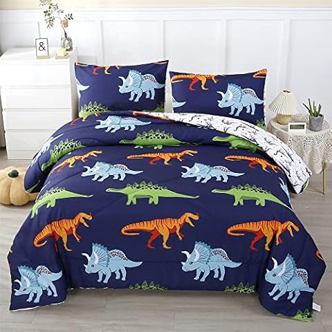 RYNGHIPY Cartoon Dinosaur Comforter Set, Dark Blue Dinosaur Kids Bedding Set for Boys, Dinosaurs Print Comforter Sets for Kids/Toddlers/Teens (Dinosaur,Twin) Cover