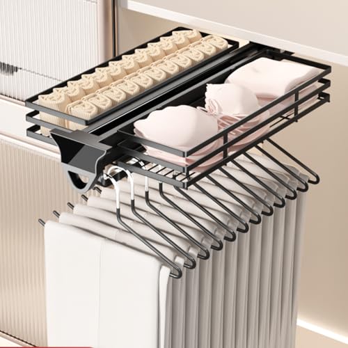 Pull Out Closet Rod with Basket, Closet Clothes Hanger Rail,Wardrobe Clothing Rail Pull Out Basket,Closet Organizer Rack for Pants and Coat,Load 77LBS (18 IN/46CM with Basket)