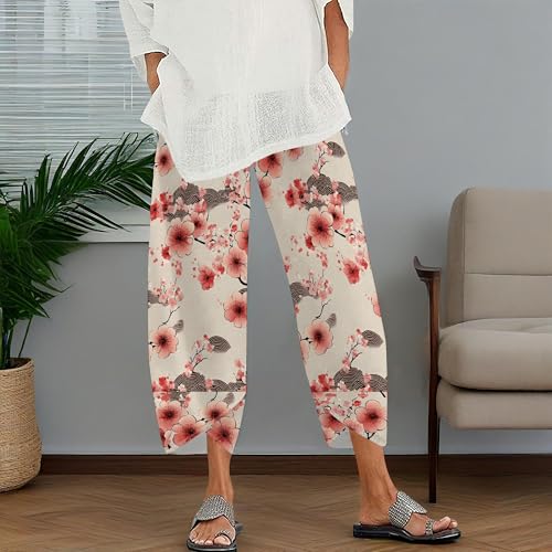 Fashion Graphic High Waist Elastic Cropped Capri Pants for Women Wide Leg Boho Floral Print Trousers with Packets2
