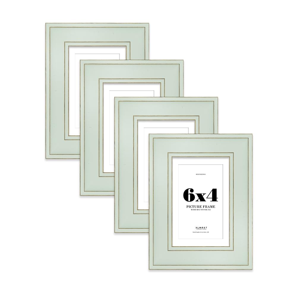 6x4" Sage Green Picture Frame with 5x3" Mount - Shabby Chic Photo Frame with Distressed Finish, Gold Trim, Wall Hooks and Kickstand, 37mm Edge - 4 Pack