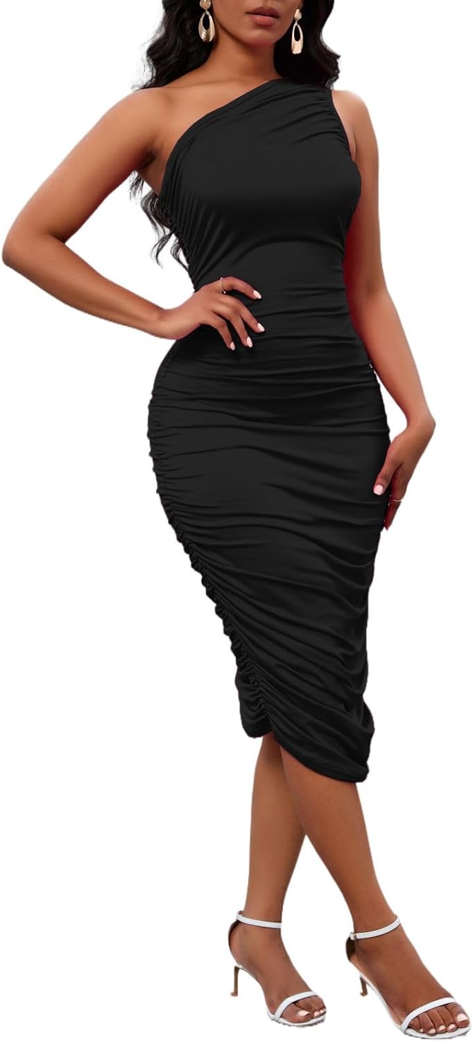 PerZeal Women's Sexy One Shoulder Dresses Sleeveless Party Club Ruched Cocktail Wedding Guest Bodycon Midi Dress - Image 5
