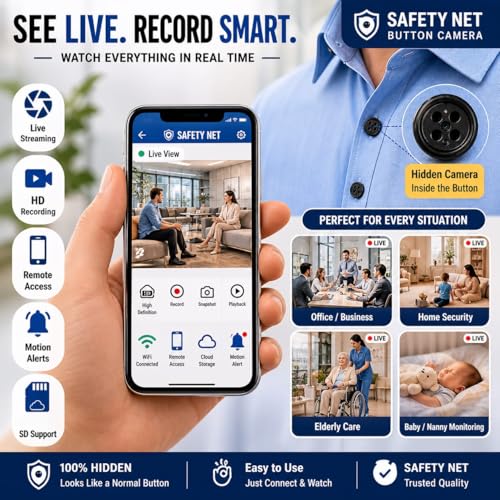 Image of SAFETYNET WiFi Button Camera | 1080P Full HD Hidden Spy Camera | IWF CAM App | Flexible Bendable Design | 32GB Memory Support with Compression | Live View on Mobile & Laptop | Audio Video Recording