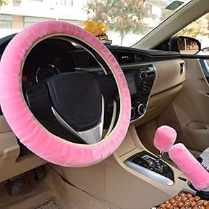 Augoog 3Pcs Winter Warm Plush Steering Wheel Cover Handbrake Cover Gear Shift Cover Car Accessory,Pink