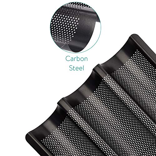 Baguette Baking Tray French Perforated Baguette Pan For French Style Bread Sticks - Nonstick Perforated Bread Pan With Stainless Steel Dough Scraper Pan Mould (French Baguette Pan 3-Loaf, Black) #TOP4