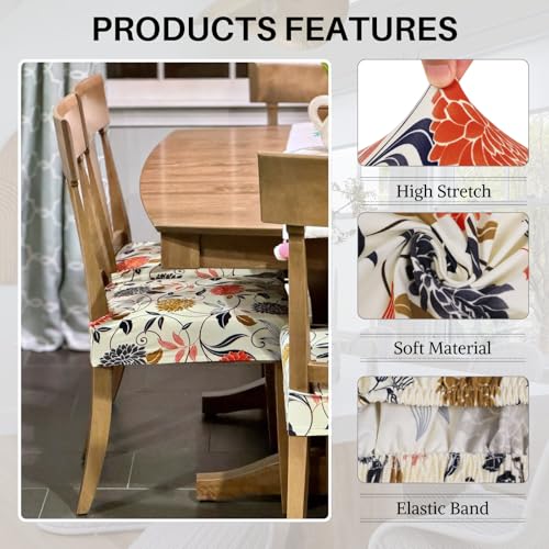 Image of SearchI Dining Chair Seat Covers Set of 6, Rear Covered, Orange Flower