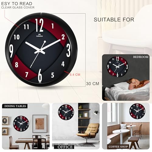 Image of IIK COLLECTION Plastic Designer Analogue Sweep Silent (No Tic-Tic Sound) Quartz Movement Round Wall Clock for Home, Wall Clock for Living Room, Bedroom, (12 X 12-inch, 30 cm x 30 cm x 6 cm)