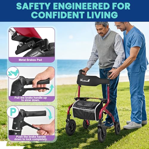 Foldable Rollator Walker: 10" & 8" All-Terrain Wheels, 300lb Capacity, Treaded Rubber Tires, Breathable Seat & Backrest, Lightweight Mobility Aid for Seniors, Red - Image 4