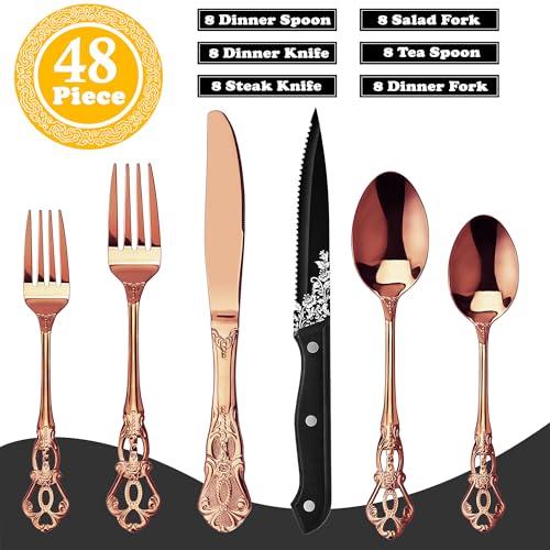 Runfly Gorgeous Retro Royal Rose Gold Stainless Steel 48-Piece Flatware Set - image 2