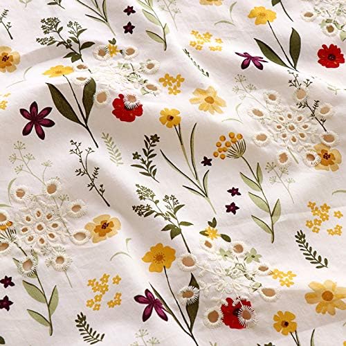 49 inches Width Premium Eyelet Hollow-Out Botanical Branch Floral Print and Embroidery Cotton Fabric by The Yard