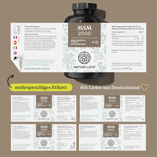 NATURE LOVE® MSM 2000mg mit Vitamin C - 365 laborgeprüfte Tabletten - Kompakteres MSM Pulver als bei Kapseln - Ohne Zusätze, hochdosiert, vegan, in Deutschland produziert