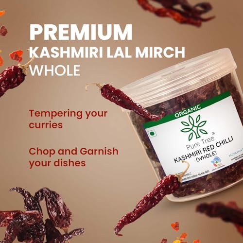 Image of Pure Tree Certified Organic Kashmiri Lal Mirch | 100 g | Jar | Red Chilli Whole | Sabut Lal Mirch | Kashmiri Chilli Lal Mirch Whole Strong Smoky Spice | Dry Red Chilli Whole