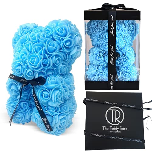 The Teddy Rose Flower Rose Bear - Cute 10-Inch Teddybear Handmade with Flower Petals - Artificial Roses Decor for Valentine's, Graduation, Mother's Day, Christmas, Anniversary (Blue)