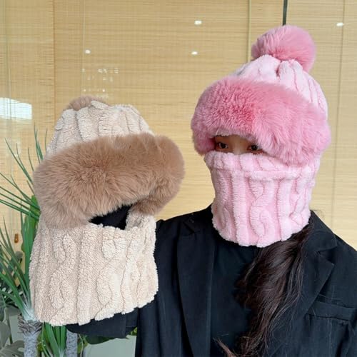 ECYC Women Winter Warm Balaclava, Plush Windproof Pompom Balaclava Fuzzy Neck Warmer Ski Mask Hooded Scarf for Women4