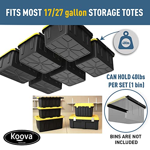 Image of Koova Heavy-Duty Overhead Garage Storage Rack for 6 Bins. Adjustable Width, 240lb Capacity. DIY Safe Mount, Easy Install. Fits 27-Gallon Totes. USA Made Pro-Grade Steel. Space Saving Organizer