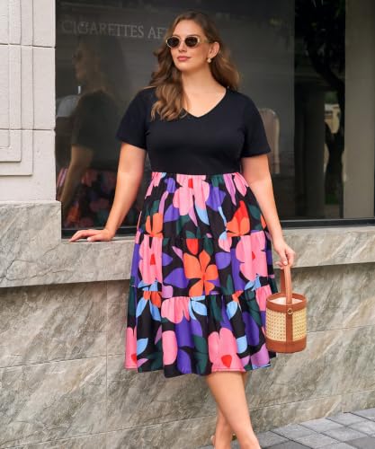 Image of CARCOS Plus Size Dresses for Women Summer Short Sleeve V Neck Patchwork Dresseses XL-5XL