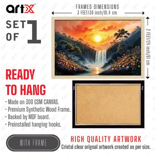 Image of ArtX Canvas Rising Sun Painting For Vastu, Big Size Wall Art, Water Stream, Waterfall Painting Vastu, Rising Sun Wall Decor, Multicolor, Nature, 91.0 X 61.0 cm, Set of 1