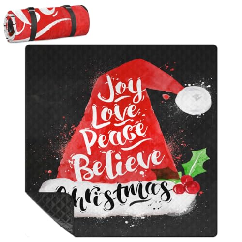 Shimoshe Extra Large Picnic Blankets 79”x 79”, Christmas Hat On Black Background Waterproof Foldable Picnic Mat with Straps Portable Beach Blanket for Camping Park Grass Beach Indoor
