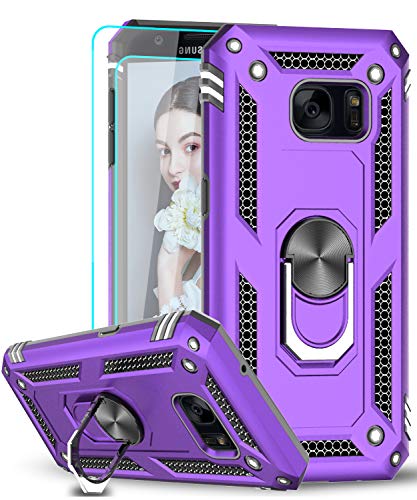 Samsung Galaxy S7 Case with TempePurple Glass Screen Protector [2 Pack], LeYi [Military Grade] Defender Protective Phone Cover Case with Magnetic Car Mount Holder Kickstand for Samsung S7, Purple