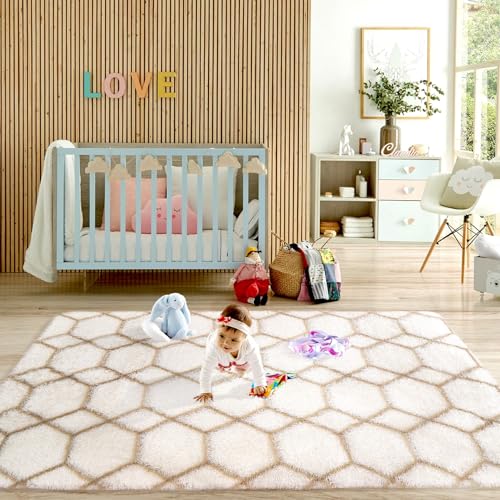 Tapis de salon géométrique 90x150 cm blanc et beige lavable - 6