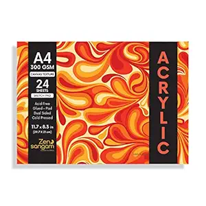 Zen Sangam Artists A4 Acrylics Glued Sketch Paper Pad - 300 GSM - Cold Pressed - (24 Sheets) - Canvas Texture Surface - 21x29.7cm - for Acrylics, Tempera, Poster Paint, Heavy-Body Paints, Oil Paints