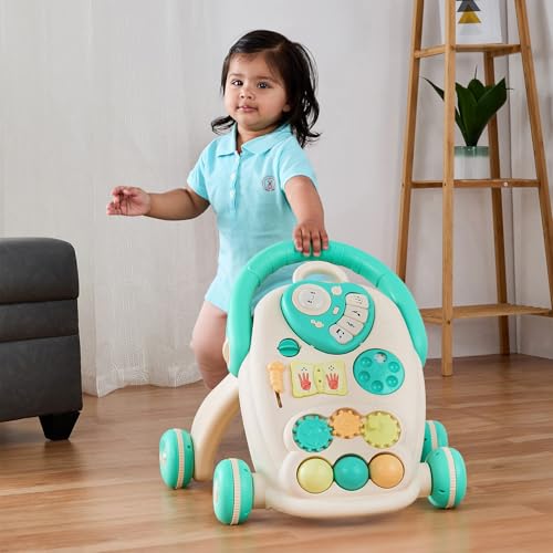 Image of Amazon Brand - Supples Baby Walker with Music, LED Lights & Handle | Push Activity Walker with Water /Sand Tank for Stability | Learning Toy for Toddlers 9+ Months | Beige & Sea Green
